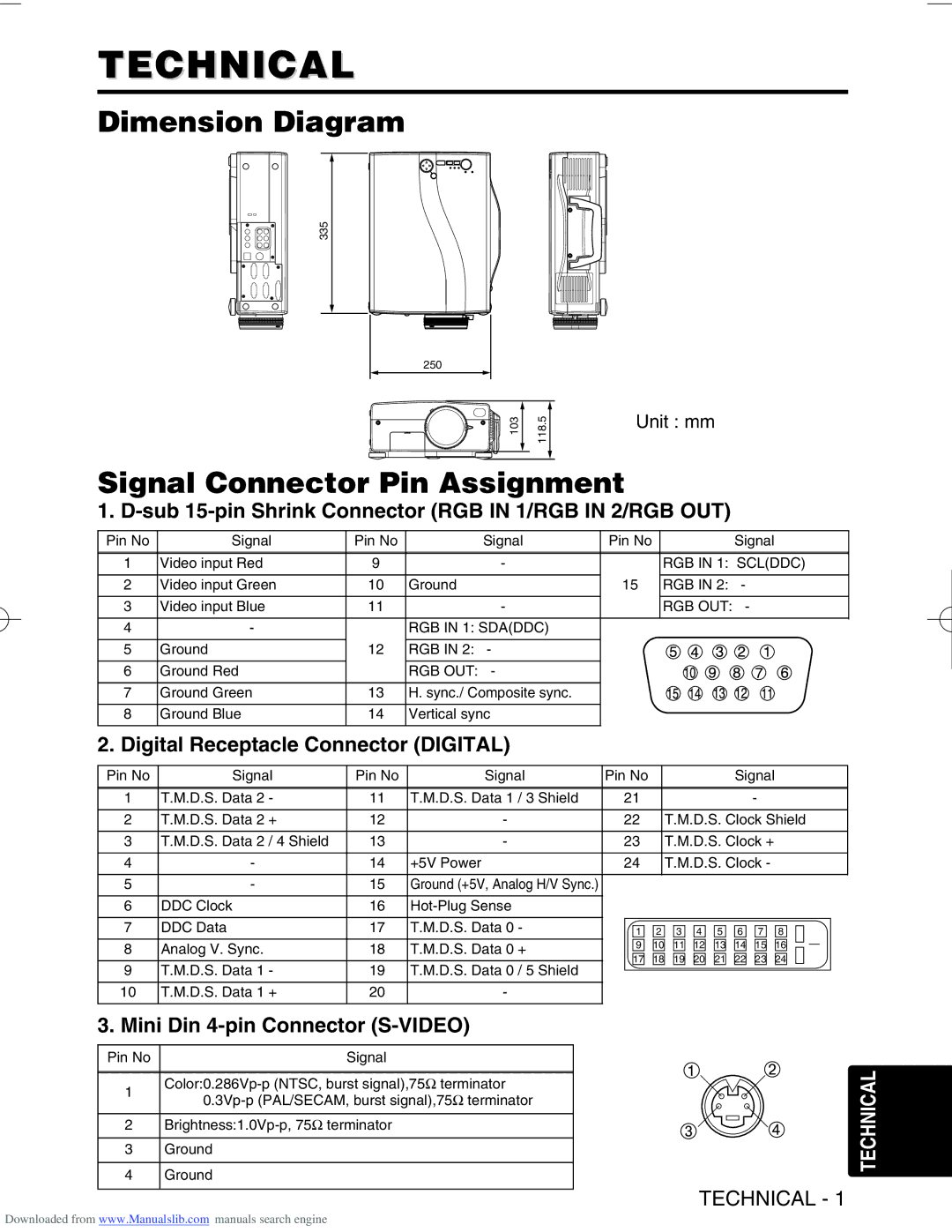 Hitachi CP-SX5500W manual Technical, Dimension Diagram, Signal Connector Pin Assignment 