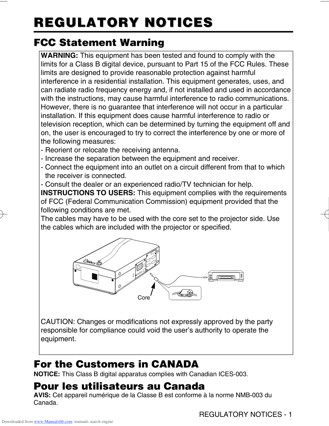 Hitachi CP-SX5500W Regulatory Notices, FCC Statement Warning, For the Customers in Canada Pour les utilisateurs au Canada 