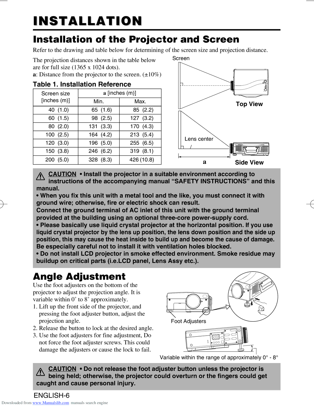 Hitachi CP-SX5500W manual Installation of the Projector and Screen, Angle Adjustment, Installation Reference 