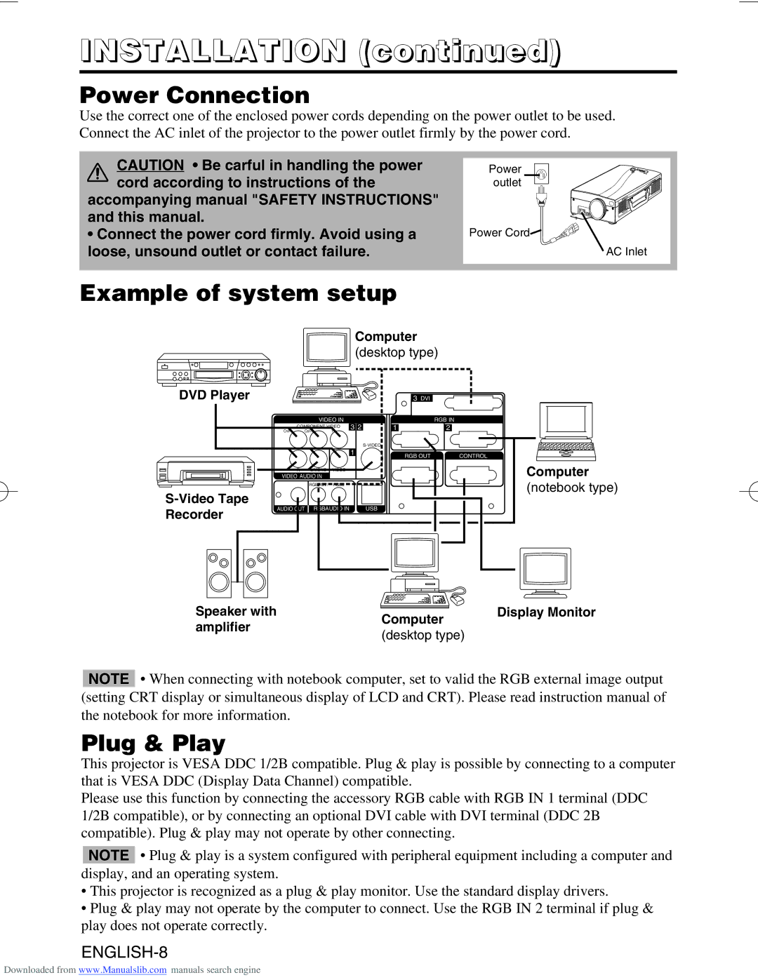 Hitachi CP-SX5500W manual Power Connection, Example of system setup, Plug & Play 