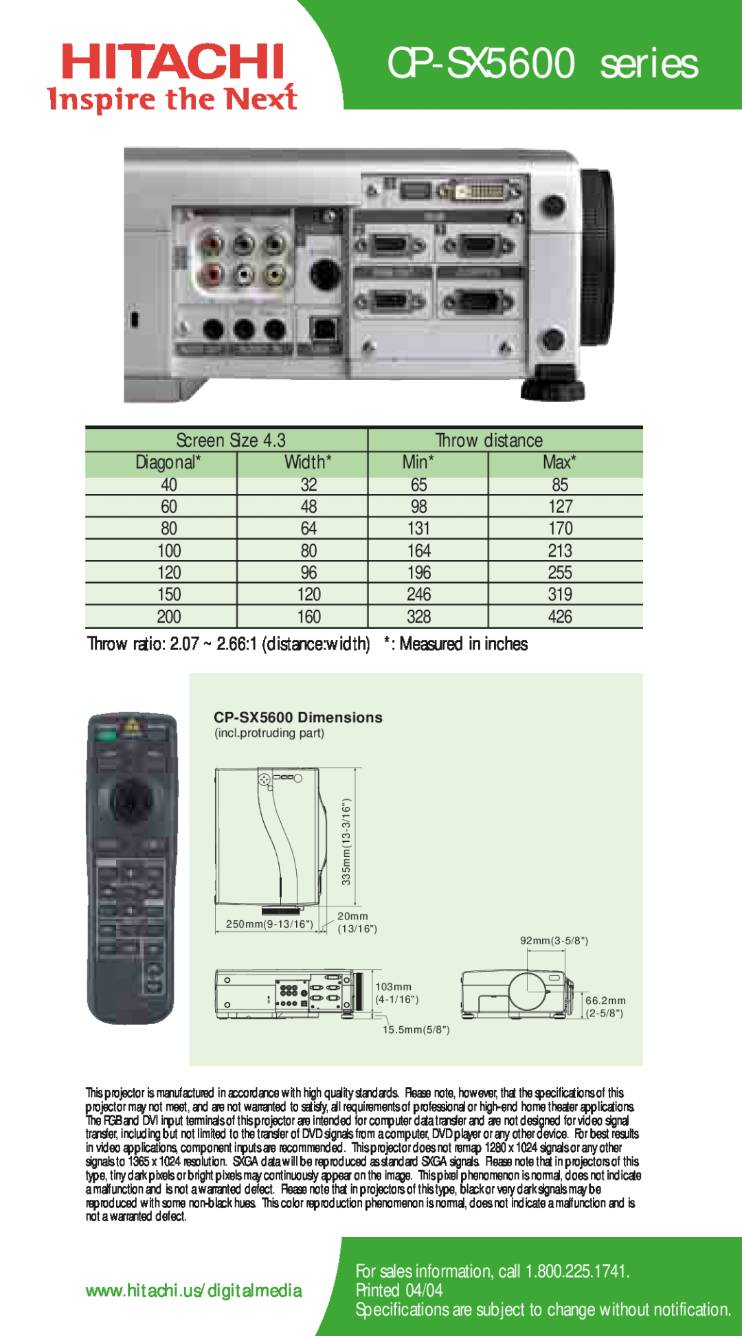 Hitachi CP-SX5600 series, Screen Size, Throw distance, Diagonal, Width, Measured in inches, For sales information, call 