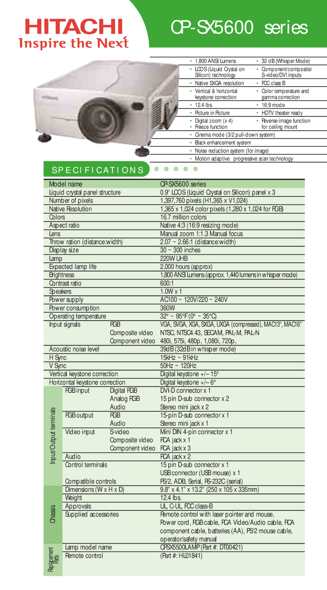 Hitachi CP-SX5500, CP-SX5600 specifications Series, Specification S, Rgb 