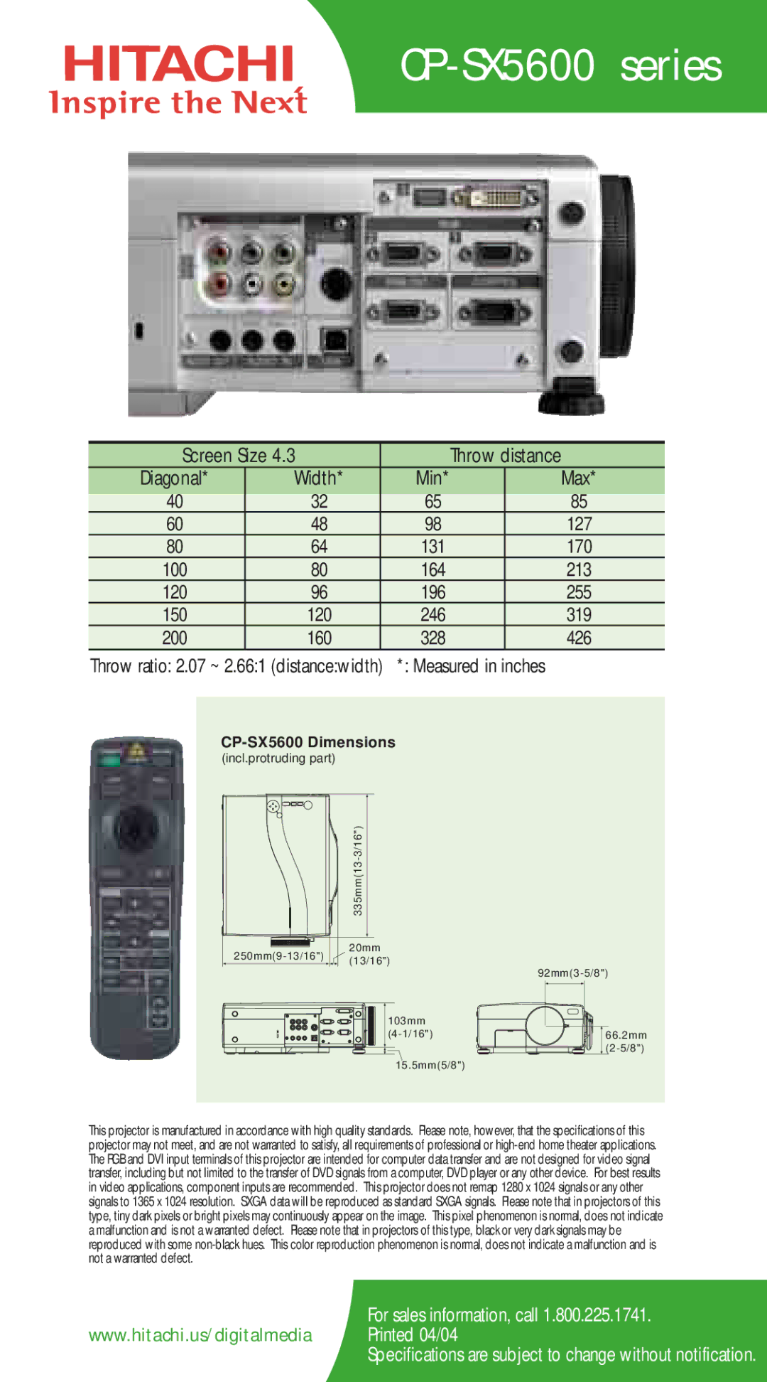 Hitachi CP-SX5500 specifications CP-SX5600 series, Screen Size Throw distance Diagonal Width, Max, Measured in inches 