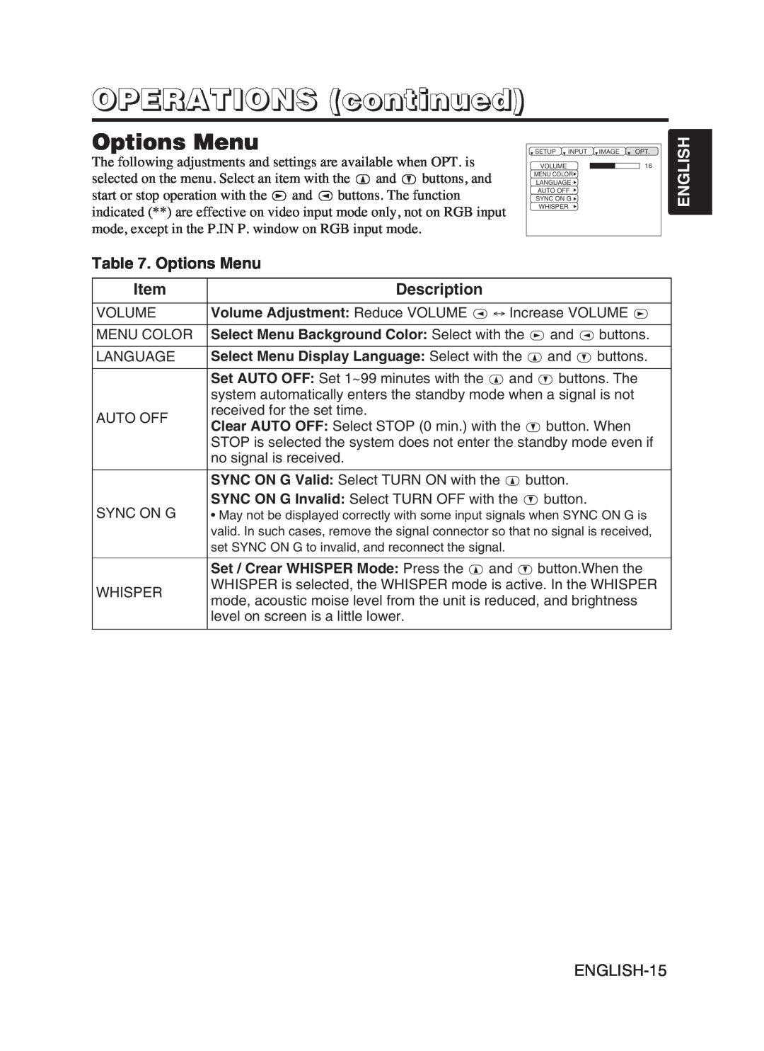 Hitachi CP-SX5600W user manual Options Menu, OPERATIONS continued, English, Description 