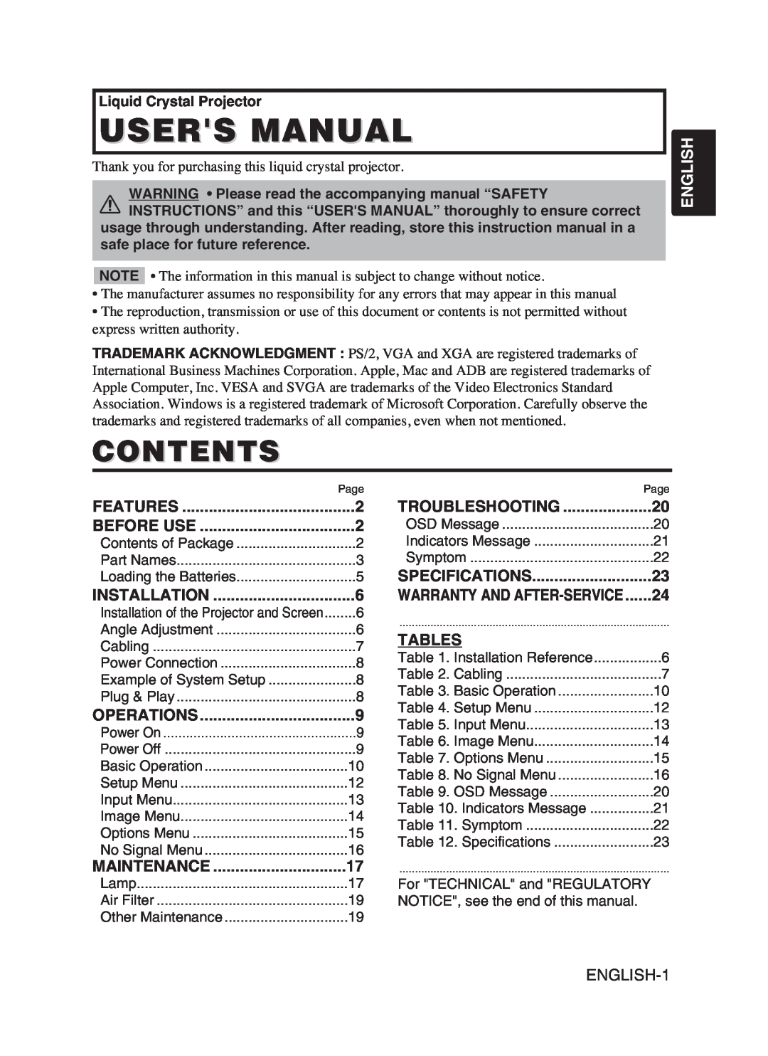 Hitachi CP-SX5600W user manual Contents, Tables, English 