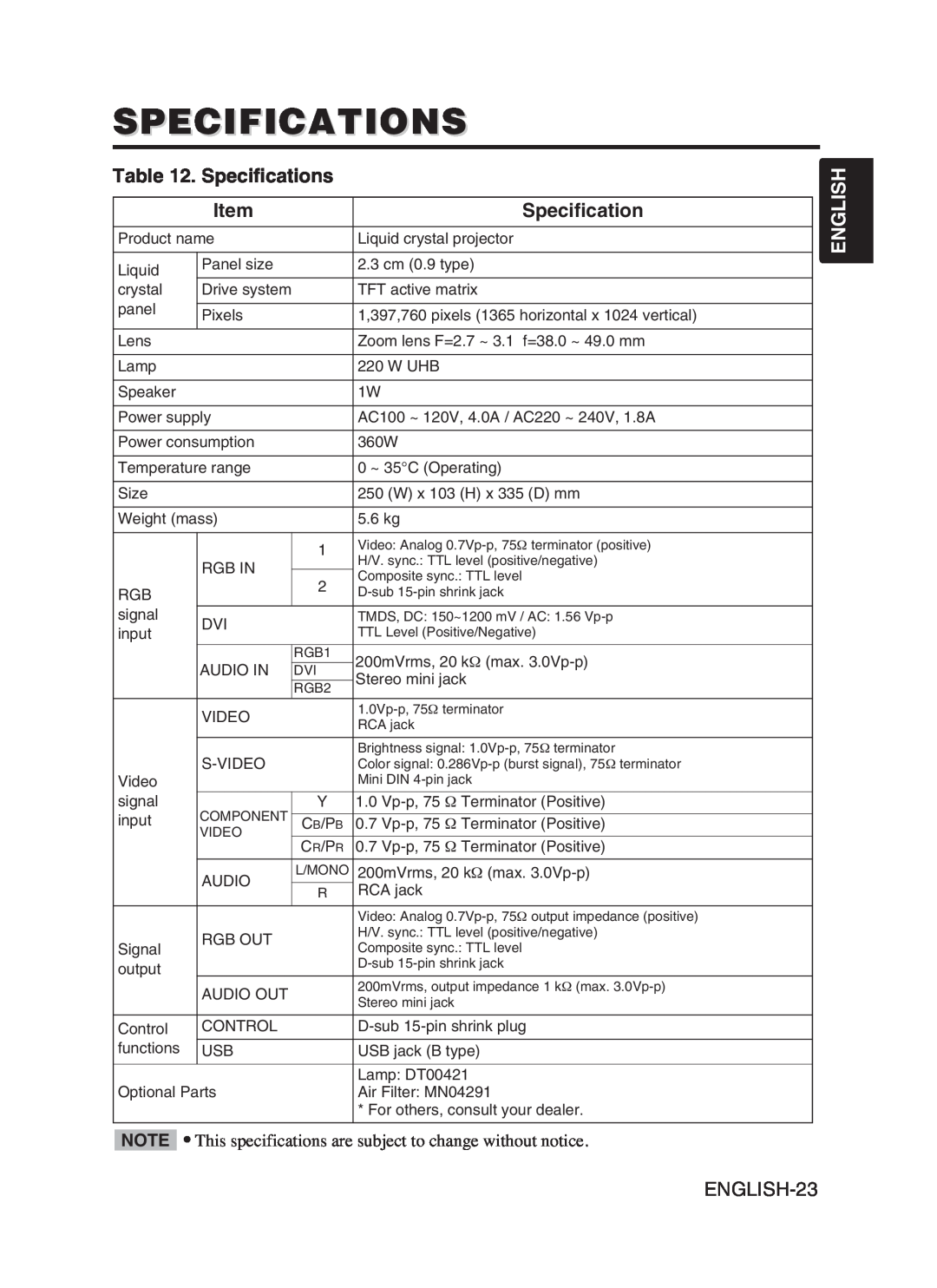 Hitachi CP-SX5600W user manual Specifications, English 