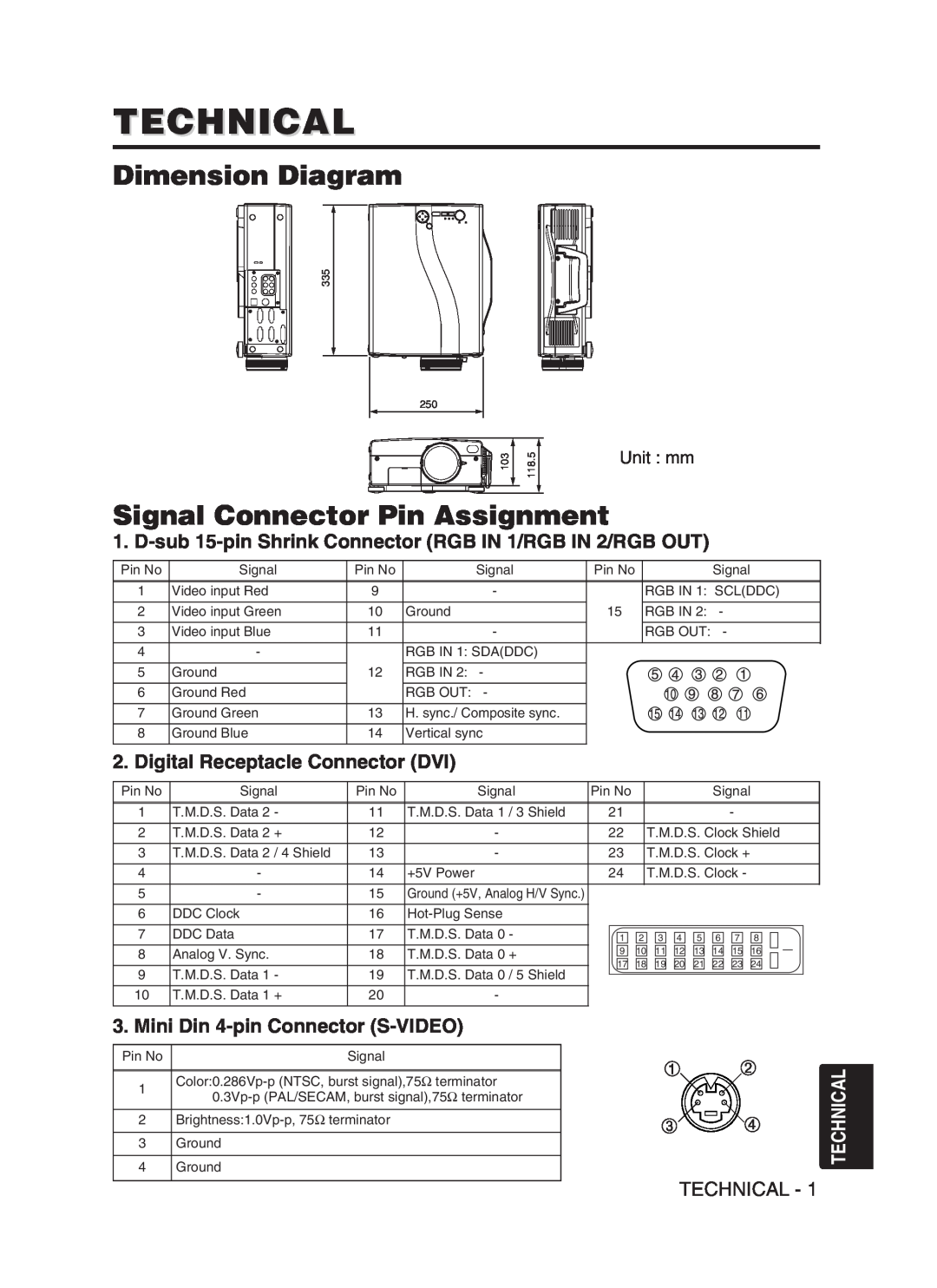Hitachi CP-SX5600W Technical, Dimension Diagram, Signal Connector Pin Assignment, Digital Receptacle Connector DVI 