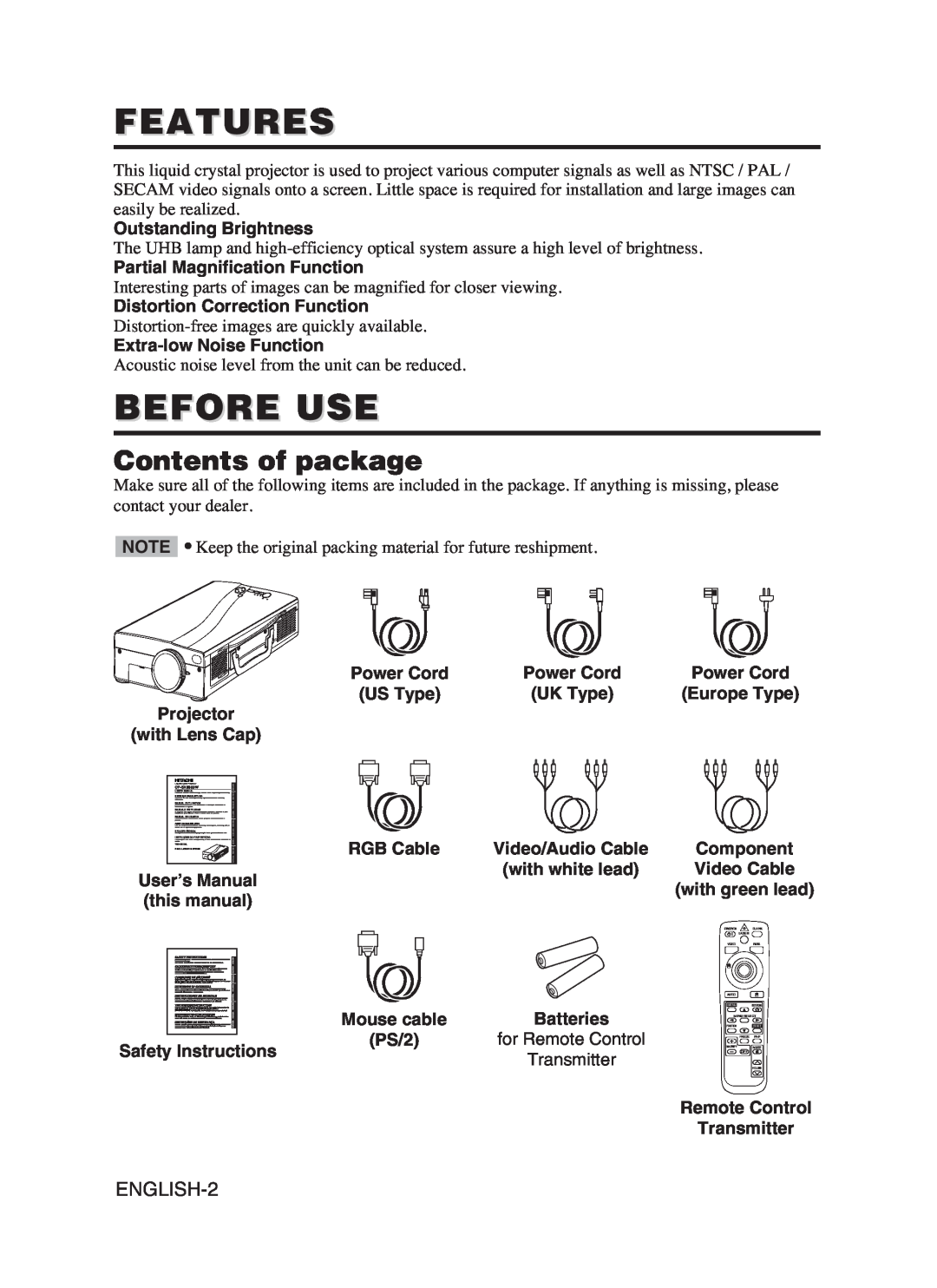 Hitachi CP-SX5600W user manual Features, Before Use, Contents of package 