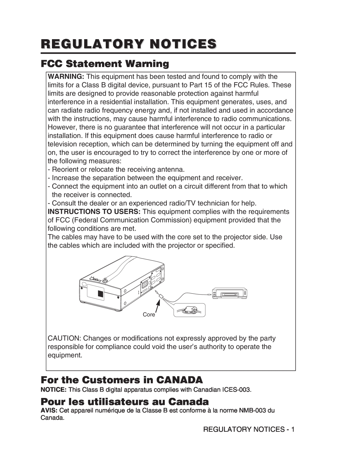 Hitachi CP-SX5600W Regulatory Notices, FCC Statement Warning, For the Customers in CANADA, Pour les utilisateurs au Canada 