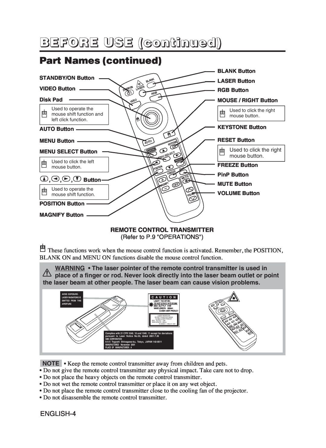 Hitachi CP-SX5600W user manual Part Names continued, BEFORE USE continued, ENGLISH-4 
