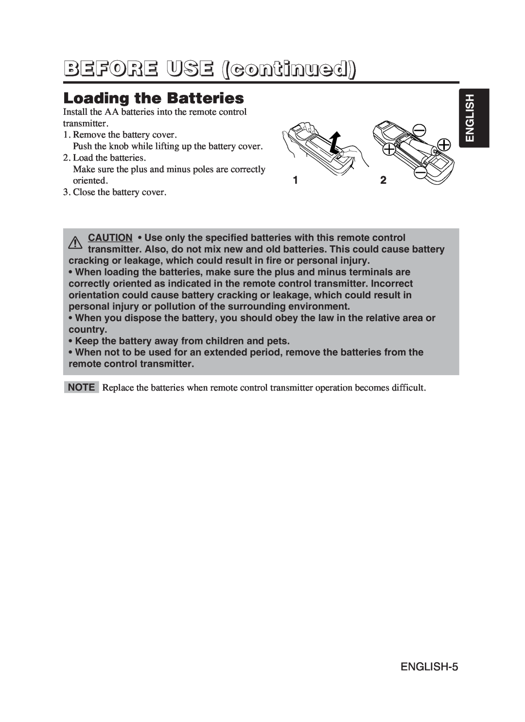 Hitachi CP-SX5600W user manual Loading the Batteries, BEFORE USE continued, English, ENGLISH-5 