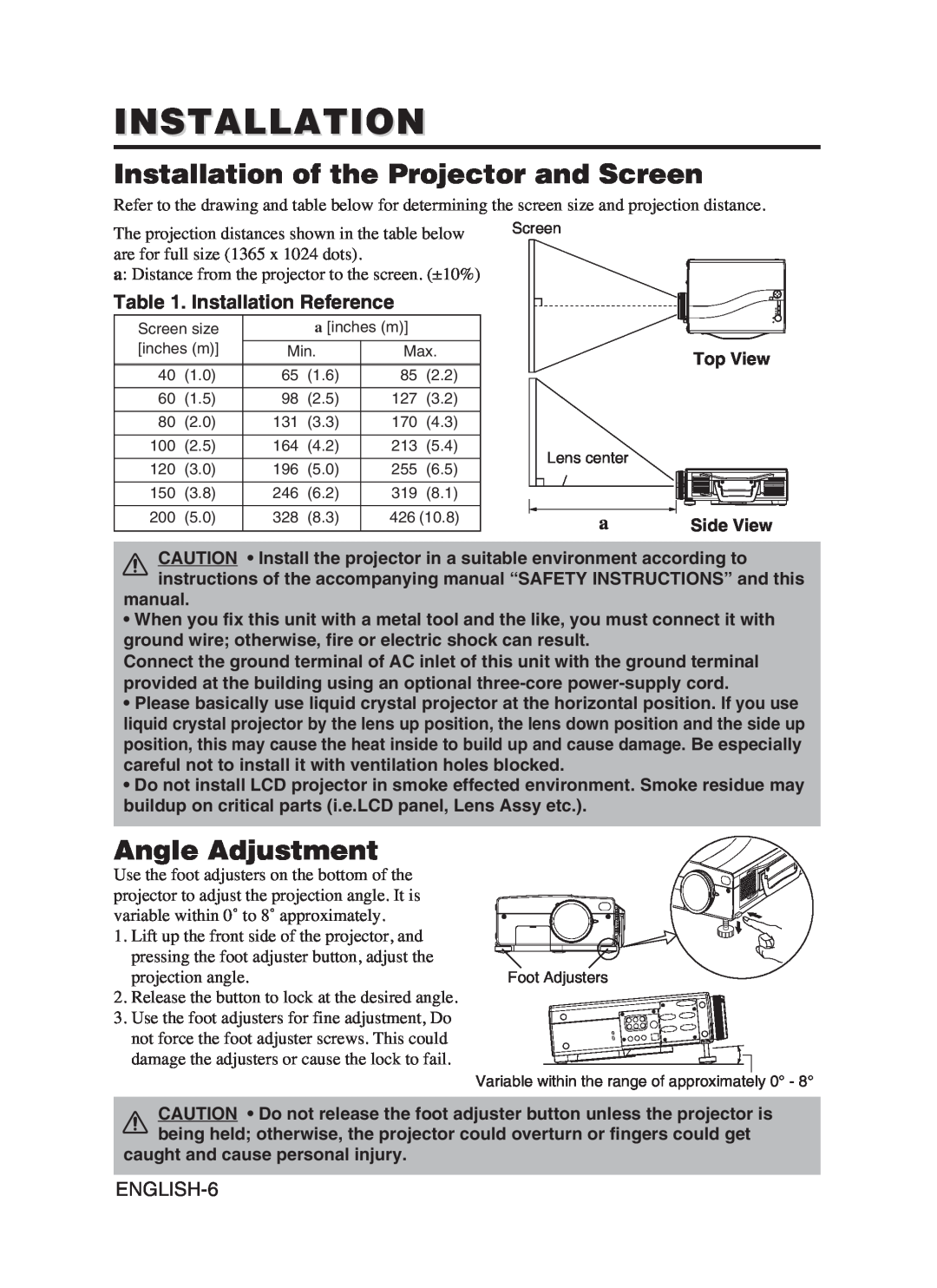 Hitachi CP-SX5600W user manual Installation of the Projector and Screen, Angle Adjustment, Installation Reference 