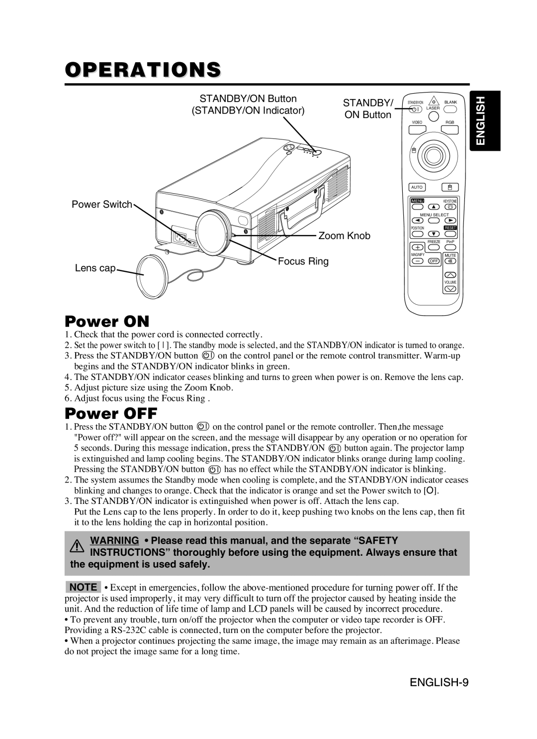 Hitachi CP-SX5600W user manual Operations, Power on, Power OFF, Equipment is used safely 