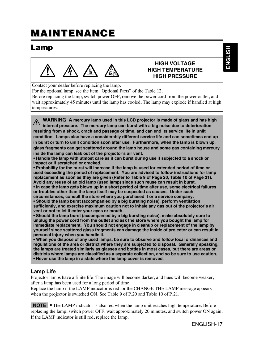 Hitachi CP-SX5600W user manual Maintenance, Lamp Life 