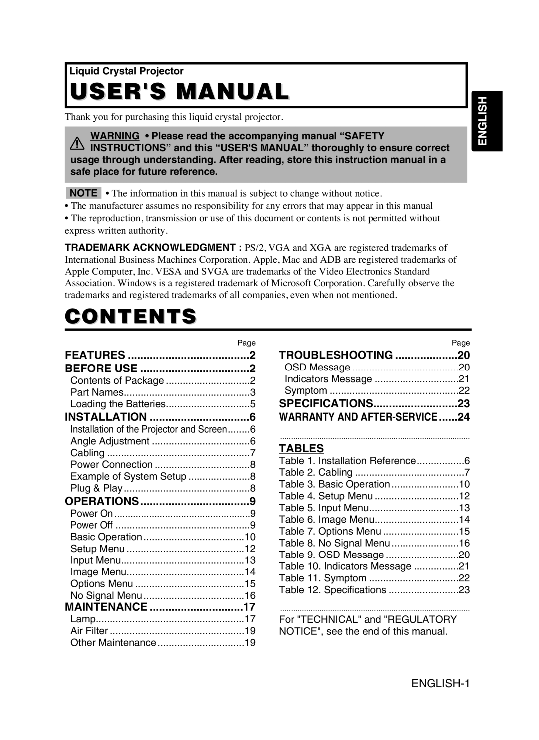 Hitachi CP-SX5600W user manual Contents 