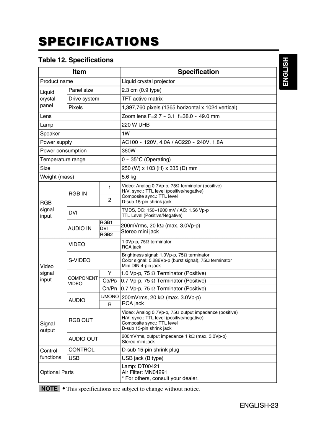 Hitachi CP-SX5600W user manual Specifications 