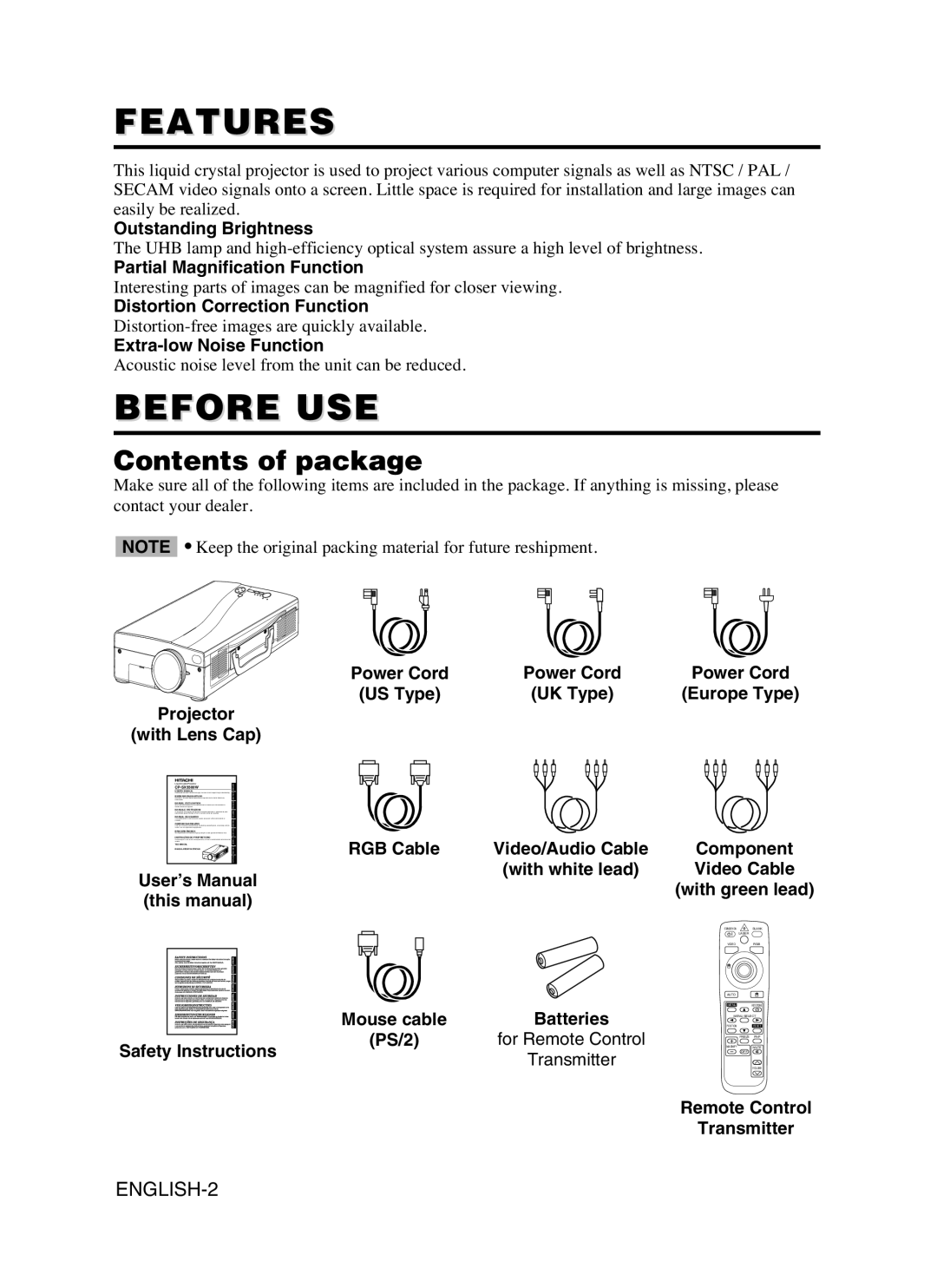 Hitachi CP-SX5600W user manual Features, Before USE, Contents of package 