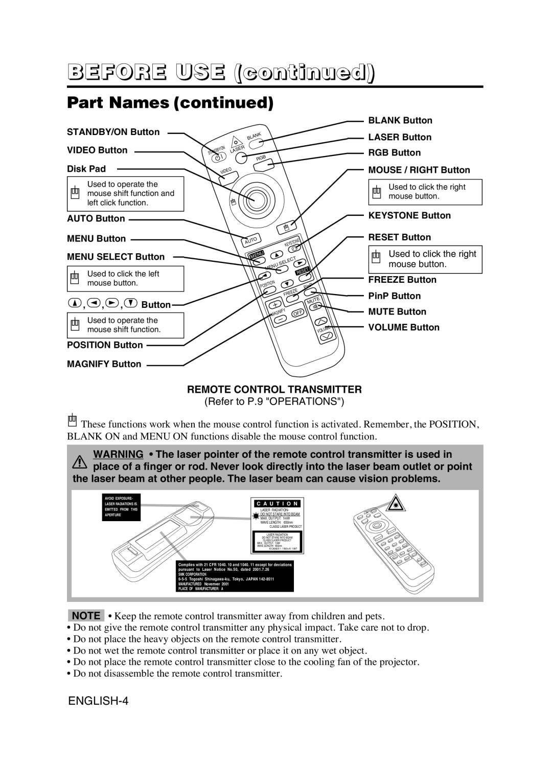 Hitachi CP-SX5600W user manual ENGLISH-4 