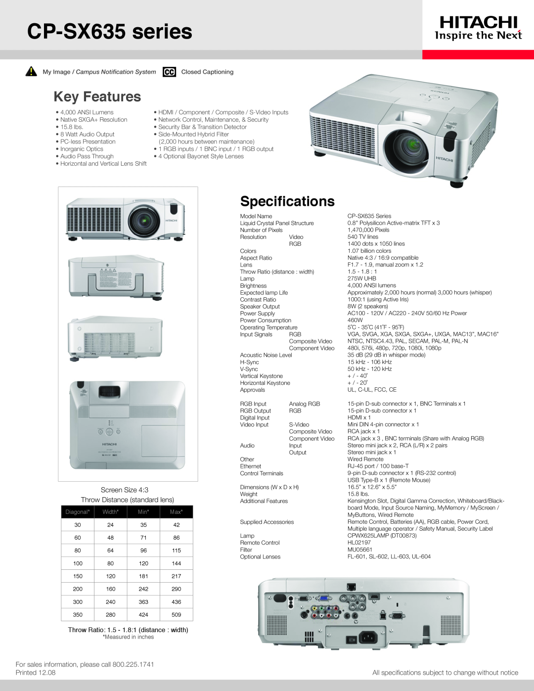 Hitachi specifications CP-SX635 series, Key Features, Specifications, Screen Size Throw Distance standard lens, Printed 