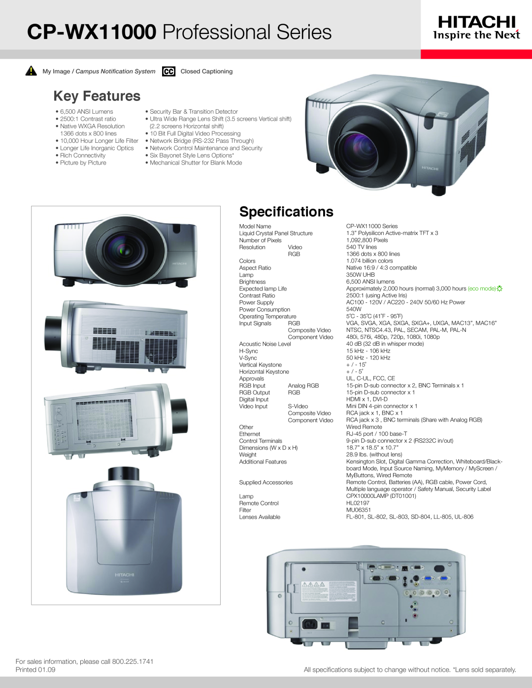Hitachi manual CP-WX11000 Professional Series, Key Features, Specifications 