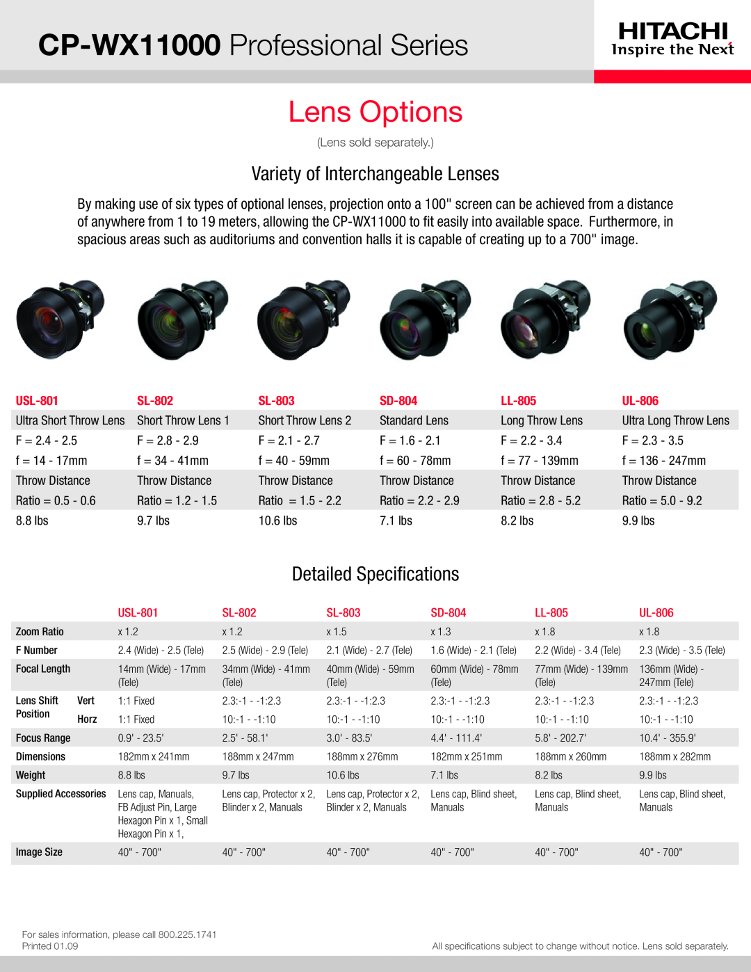 Hitachi manual CP-WX11000 Professional Series, Lens Options, Variety of Interchangeable Lenses, Detailed Specifications 