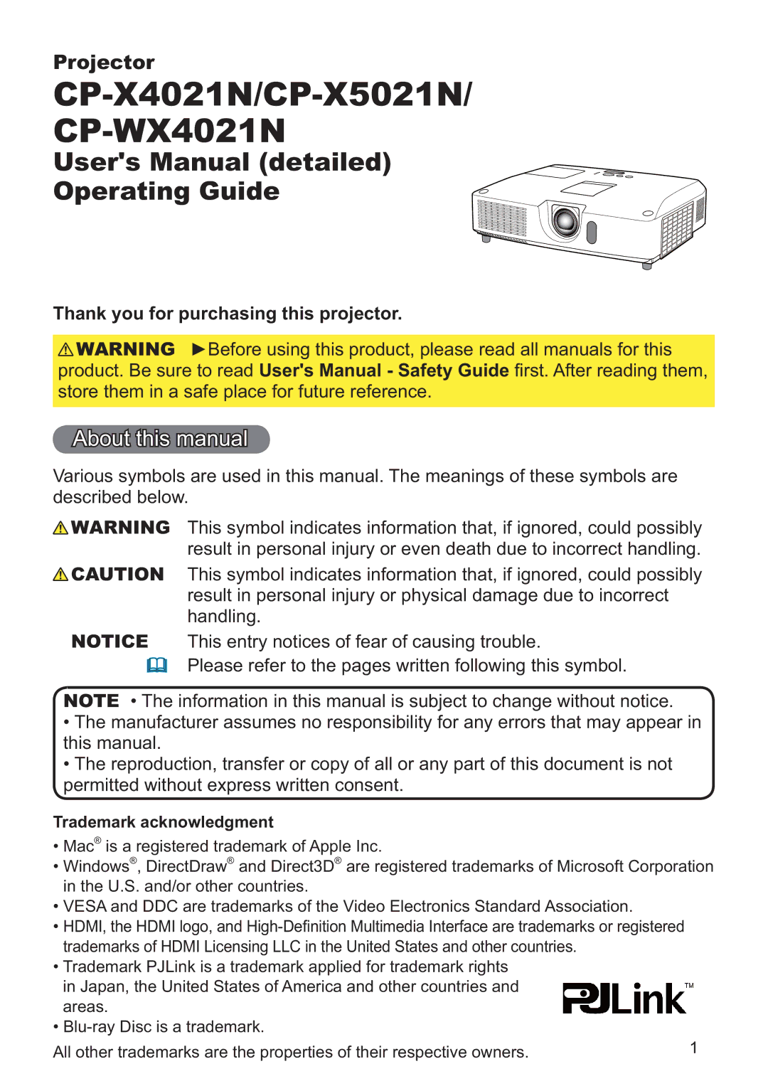 Hitachi CP-X5021N user manual About this manual, Thank you for purchasing this projector, Trademark acknowledgment 