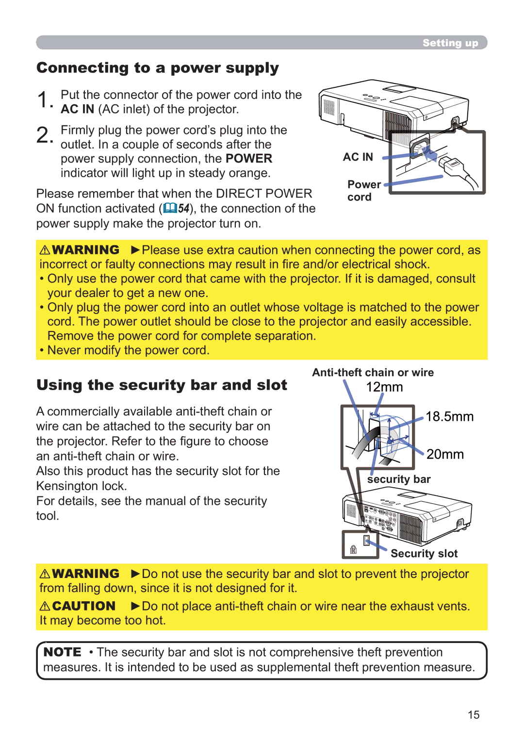 Hitachi CP-X5021N, CP-WX4021N user manual Connecting to a power supply, Using the security bar and slot, Power cord 