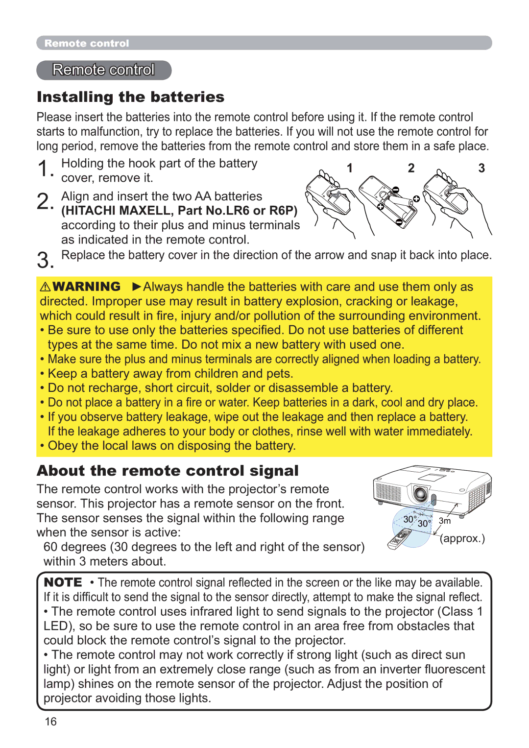 Hitachi CP-WX4021N, CP-X5021N user manual Remote control, Installing the batteries, About the remote control signal 