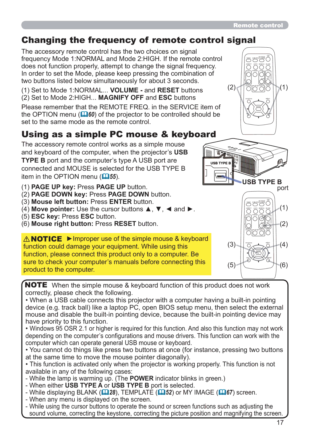 Hitachi CP-X5021N, CP-WX4021N Changing the frequency of remote control signal, Using as a simple PC mouse & keyboard 