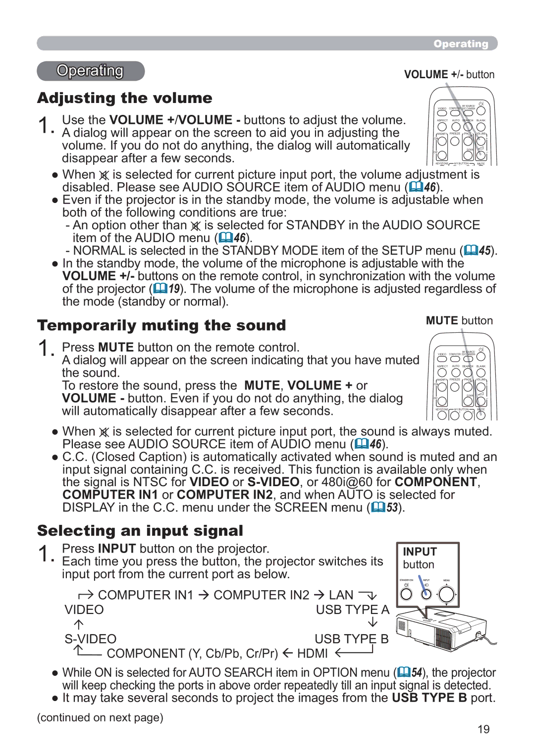 Hitachi CP-X5021N Operating, Adjusting the volume, Temporarily muting the sound, Selecting an input signal, Input 