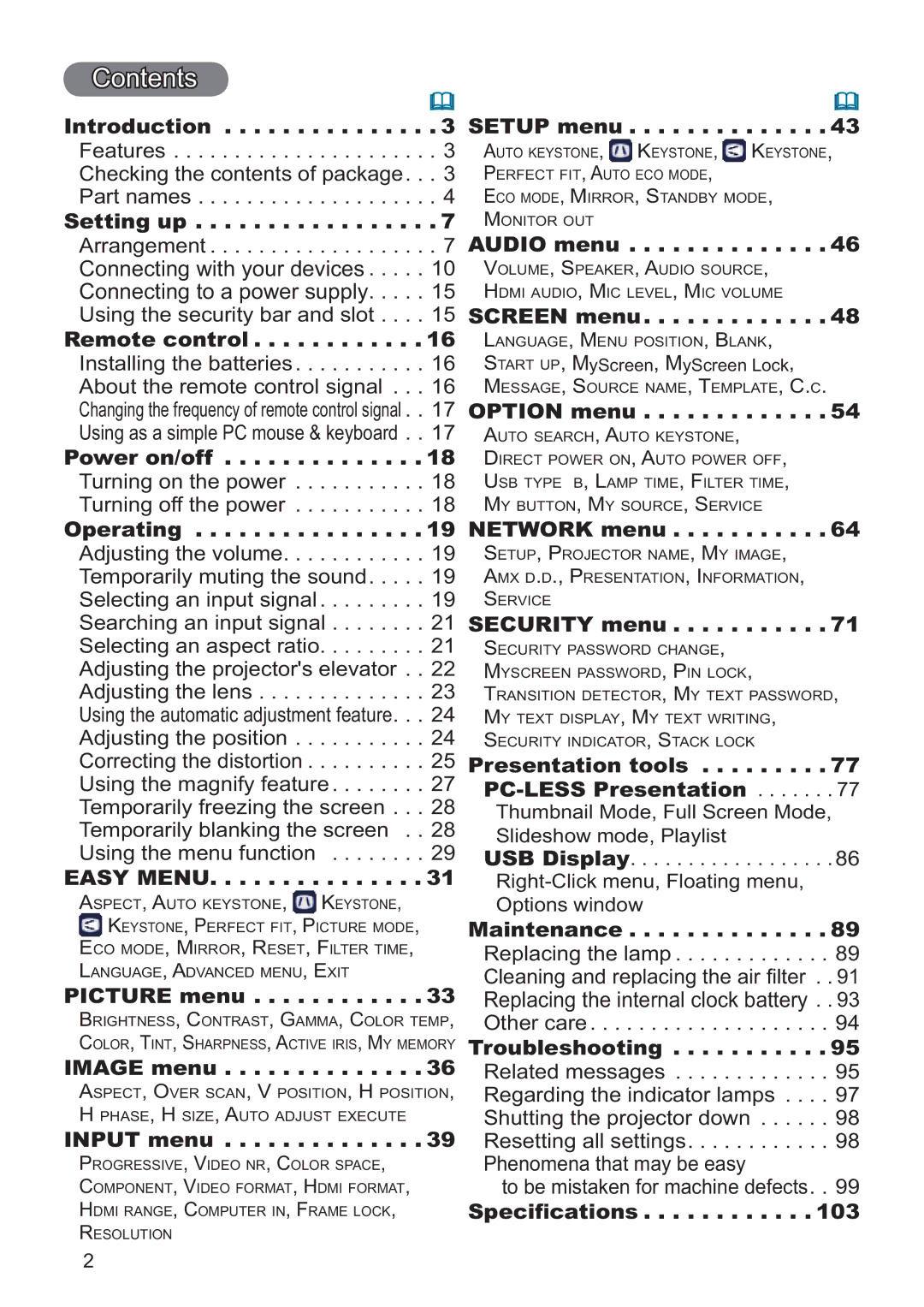 Hitachi CP-WX4021N, CP-X5021N user manual Contents 