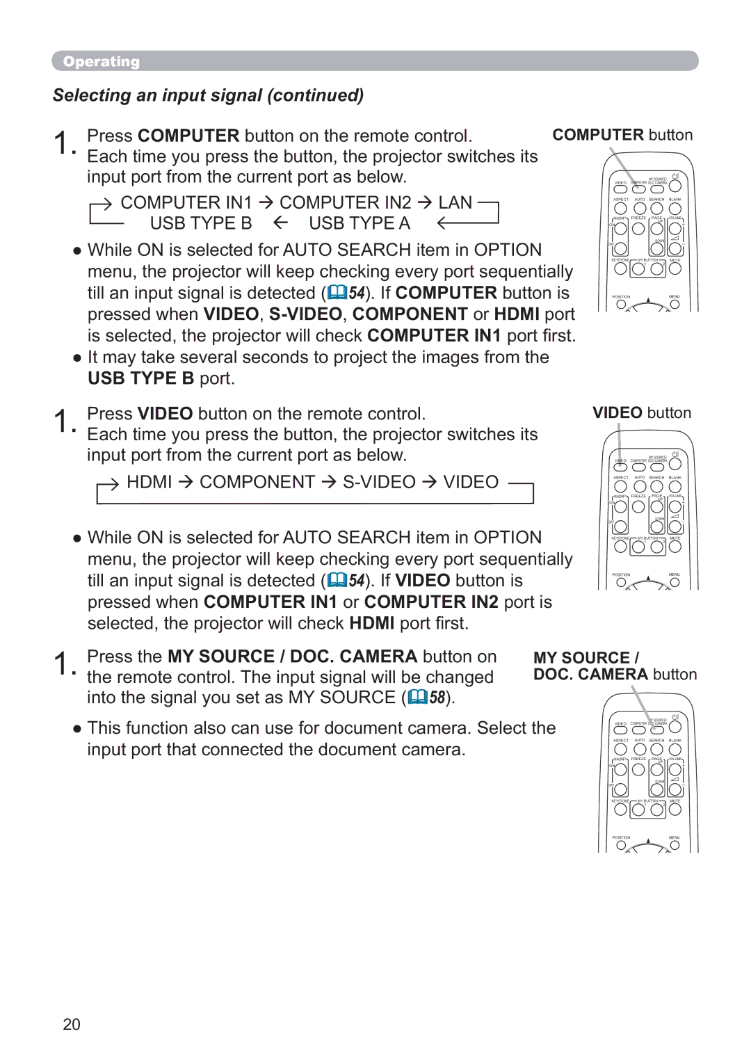 Hitachi CP-WX4021N, CP-X5021N user manual Press the MY Source / DOC. Camera button on, Computer button, Video button 