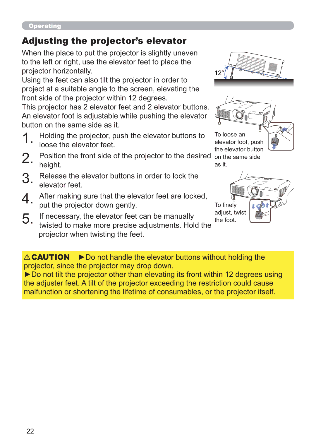 Hitachi CP-WX4021N, CP-X5021N user manual Adjusting the projector’s elevator 