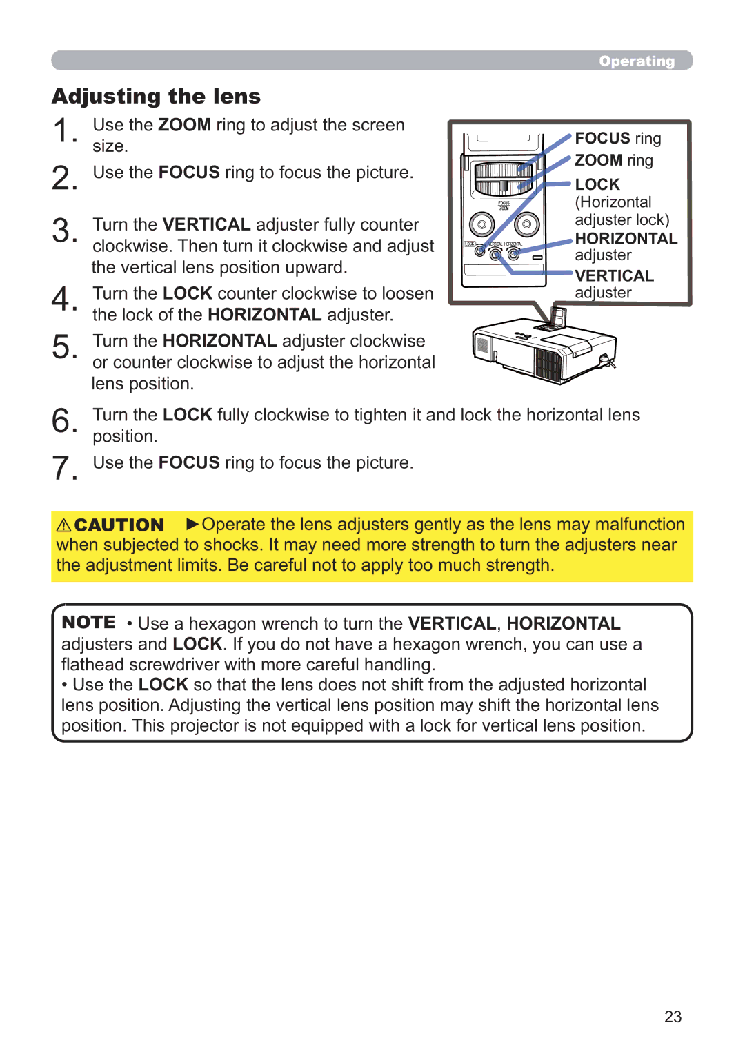 Hitachi CP-X5021N, CP-WX4021N user manual Adjusting the lens, Focus ring Zoom ring Lock Horizontal adjuster lock, Vertical 