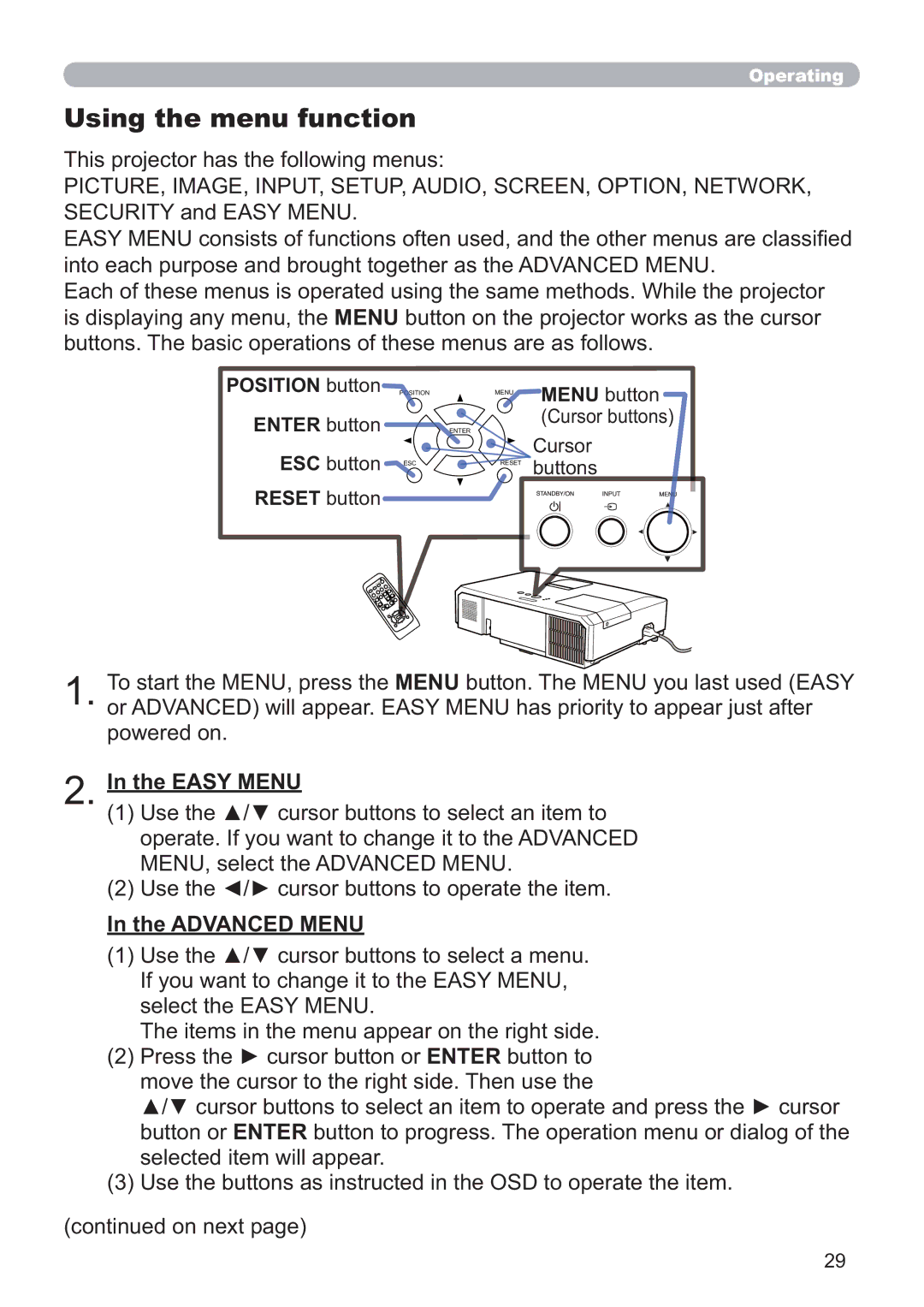 Hitachi CP-X5021N, CP-WX4021N user manual Using the menu function, Easy Menu, Advanced Menu 