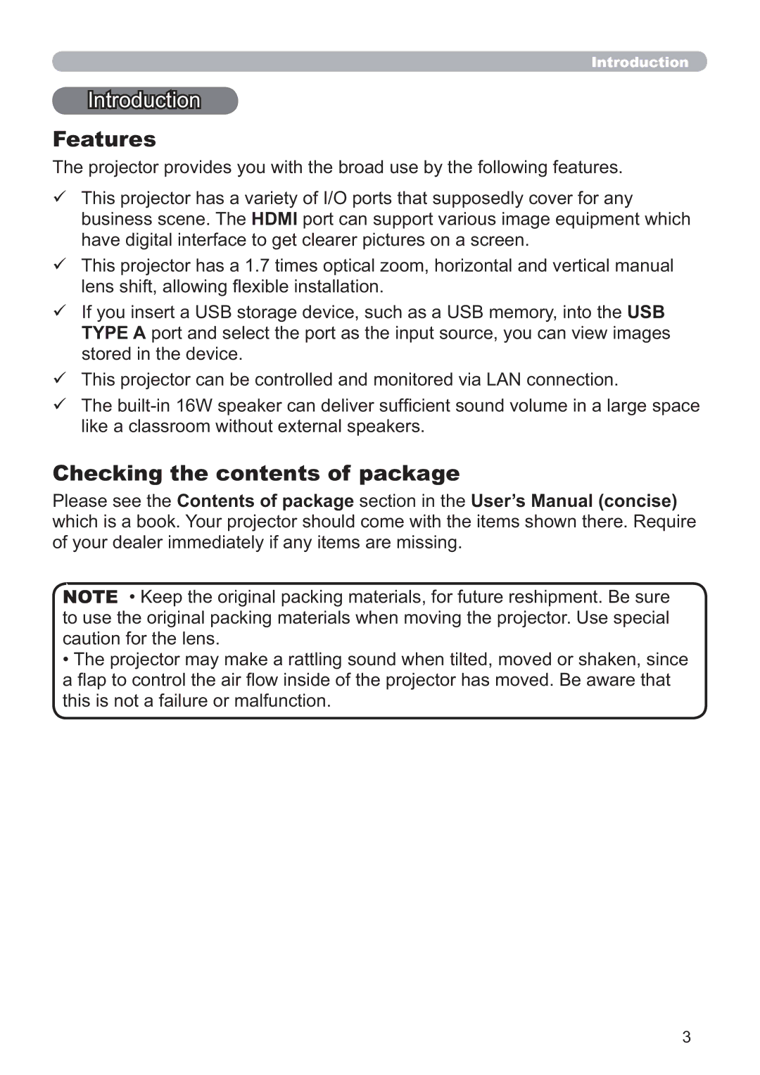 Hitachi CP-X5021N, CP-WX4021N user manual Features, Checking the contents of package 