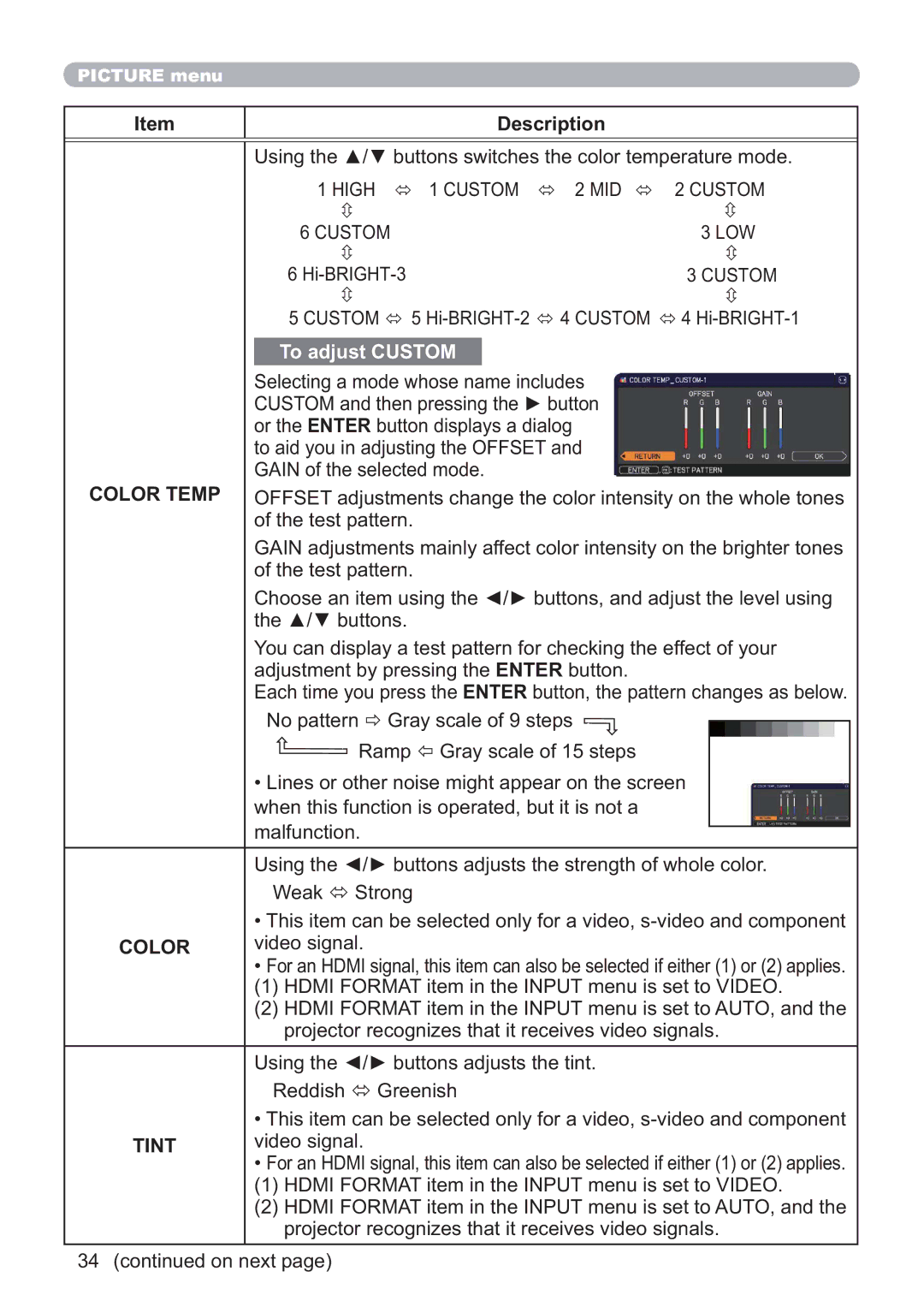 Hitachi CP-WX4021N, CP-X5021N user manual Color Temp, Tint 