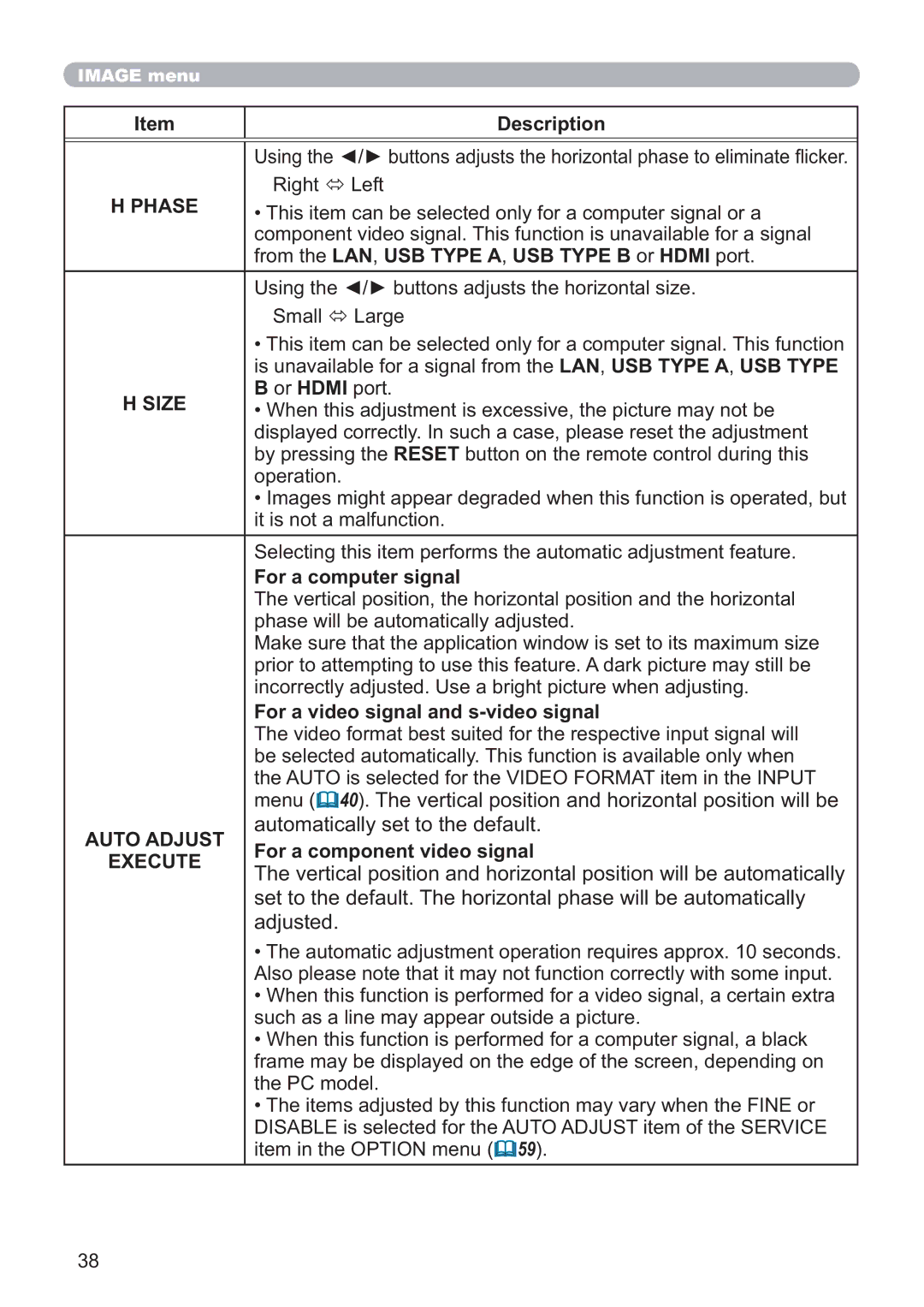 Hitachi CP-WX4021N, CP-X5021N user manual Phase, Size, Auto Adjust, Execute 