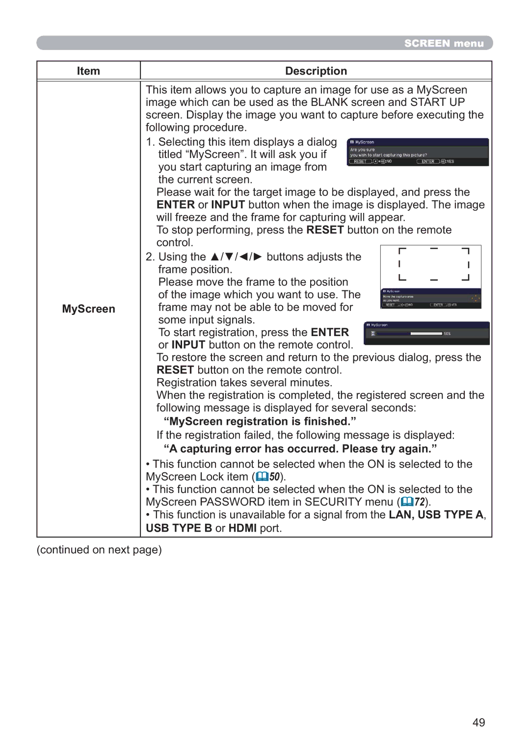 Hitachi CP-X5021N, CP-WX4021N MyScreen registration is ﬁnished, Capturing error has occurred. Please try again 