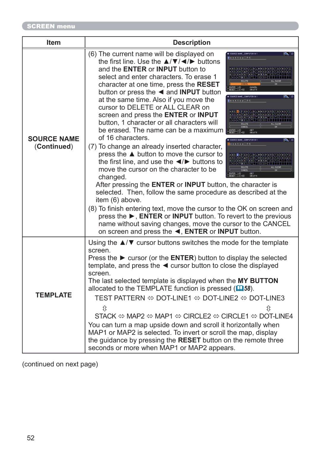 Hitachi CP-WX4021N, CP-X5021N user manual Template, Test Pattern DOT-LINE1 DOT-LINE2 DOT-LINE3 