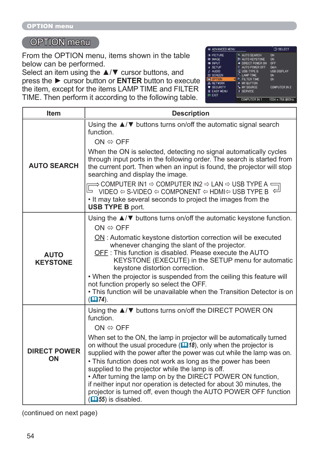 Hitachi CP-WX4021N, CP-X5021N user manual Option menu, Auto Search, Direct Power 