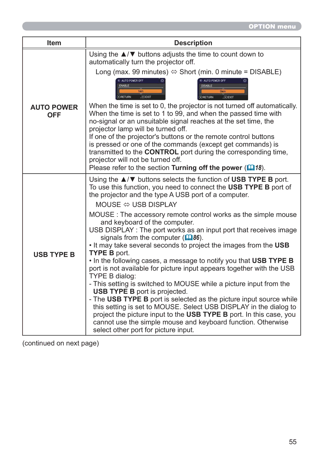 Hitachi CP-X5021N, CP-WX4021N user manual Auto Power, Off, USB Type B 