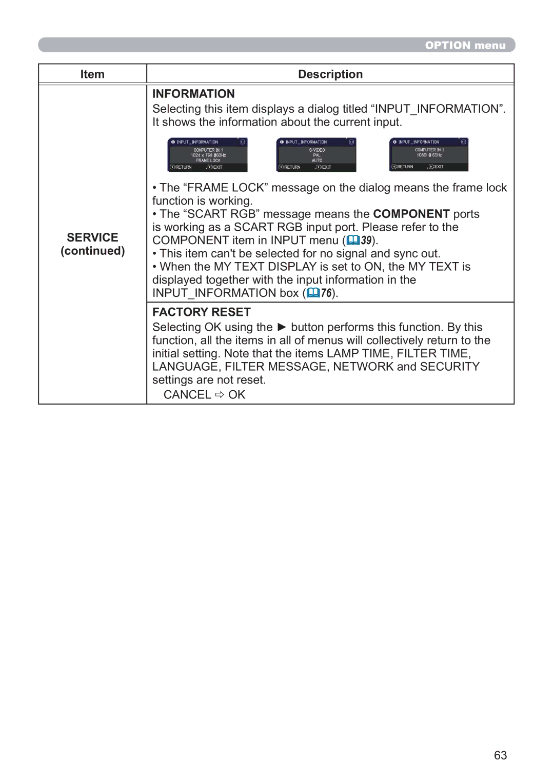 Hitachi CP-X5021N, CP-WX4021N user manual Information, Factory Reset 