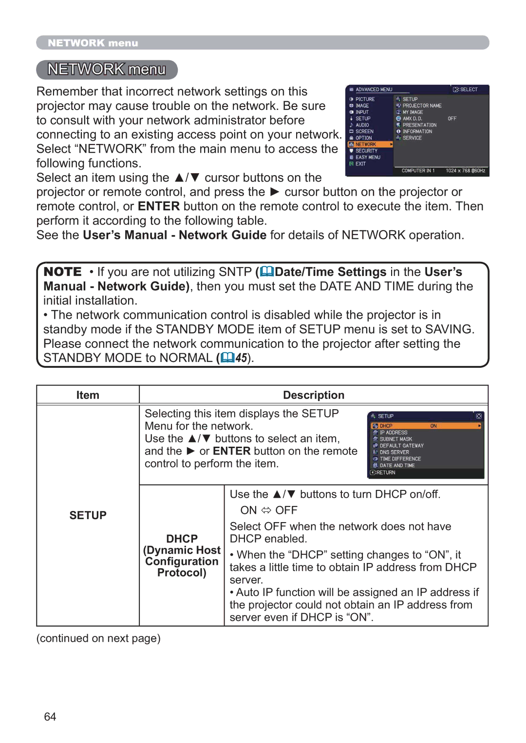 Hitachi CP-WX4021N, CP-X5021N user manual Network menu, Setup Dhcp, Dynamic Host Conﬁguration Protocol 