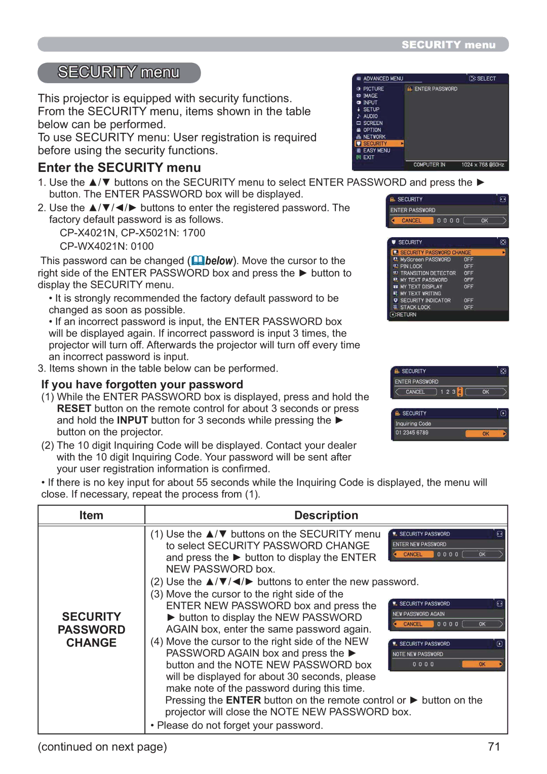 Hitachi CP-X5021N, CP-WX4021N user manual Enter the Security menu, Password, Change 