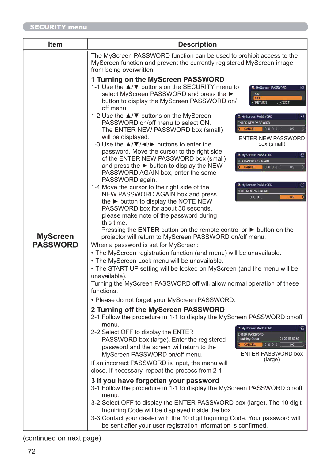 Hitachi CP-WX4021N, CP-X5021N user manual Turning on the MyScreen Password, Turning off the MyScreen Password 