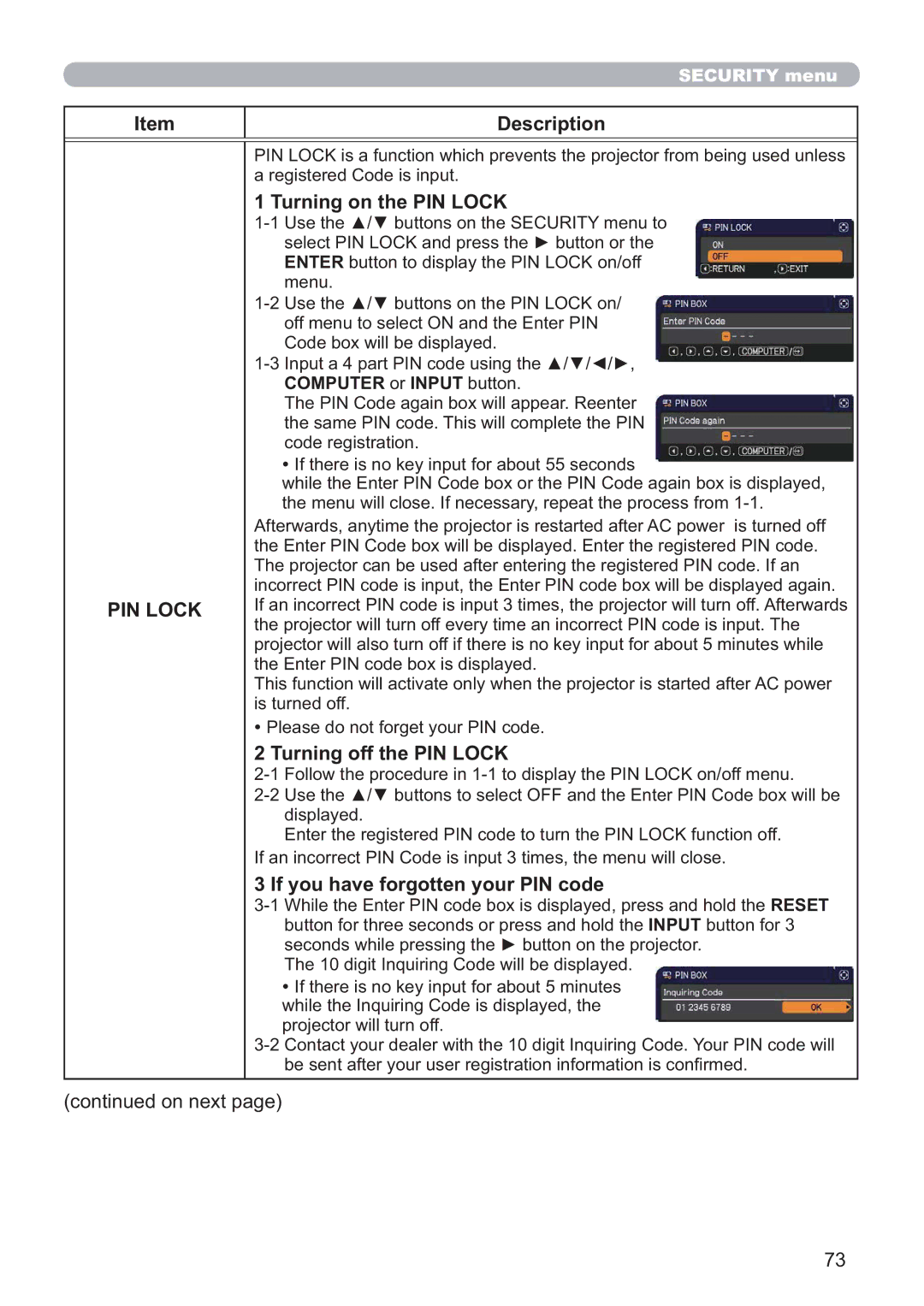 Hitachi CP-X5021N, CP-WX4021N Turning on the PIN Lock, Turning off the PIN Lock, If you have forgotten your PIN code 