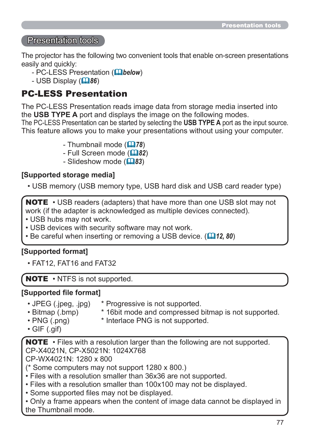 Hitachi CP-X5021N, CP-WX4021N Presentation tools, PC-LESS Presentation, Supported storage media, Supported format 