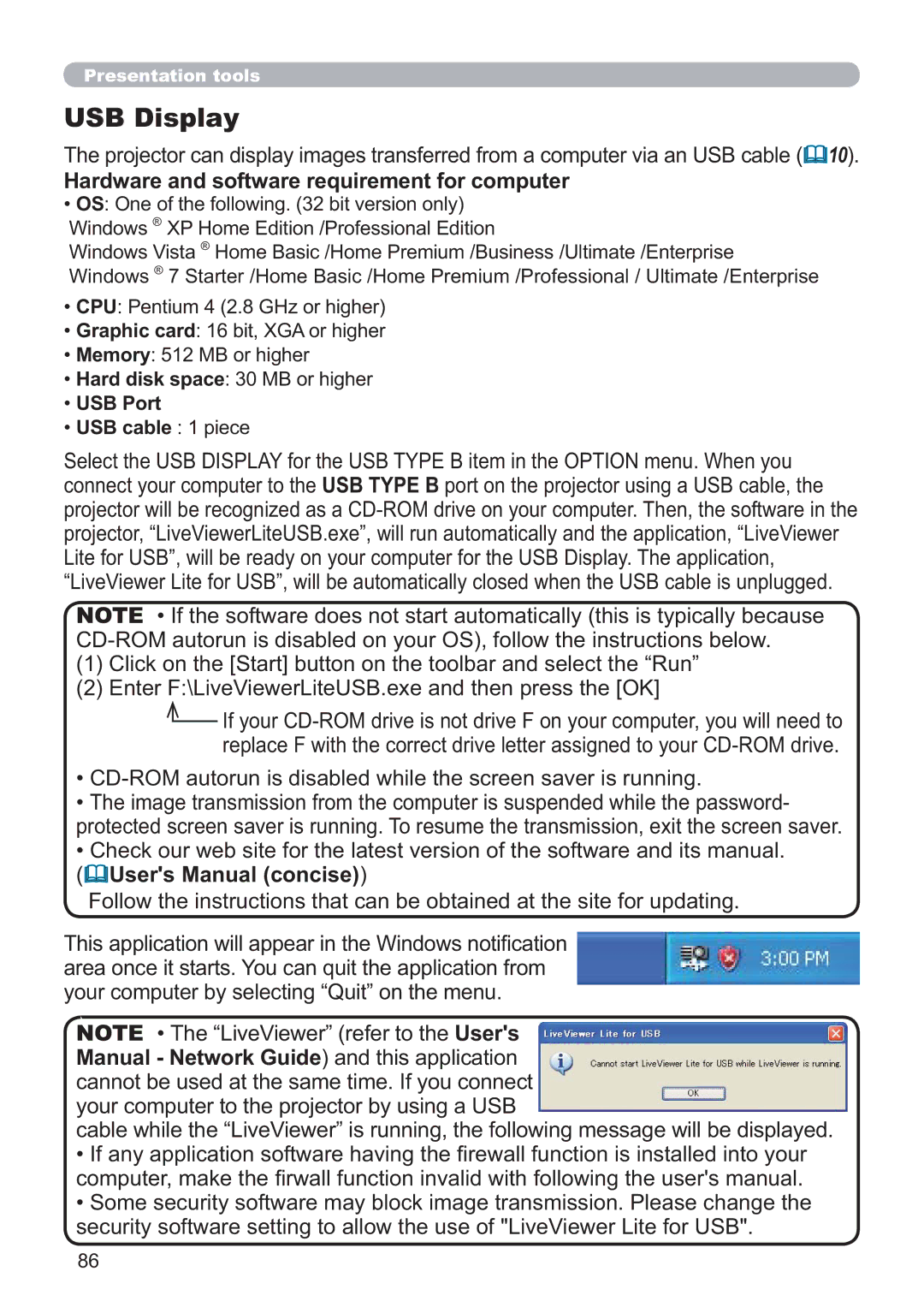 Hitachi CP-WX4021N, CP-X5021N user manual USB Display 