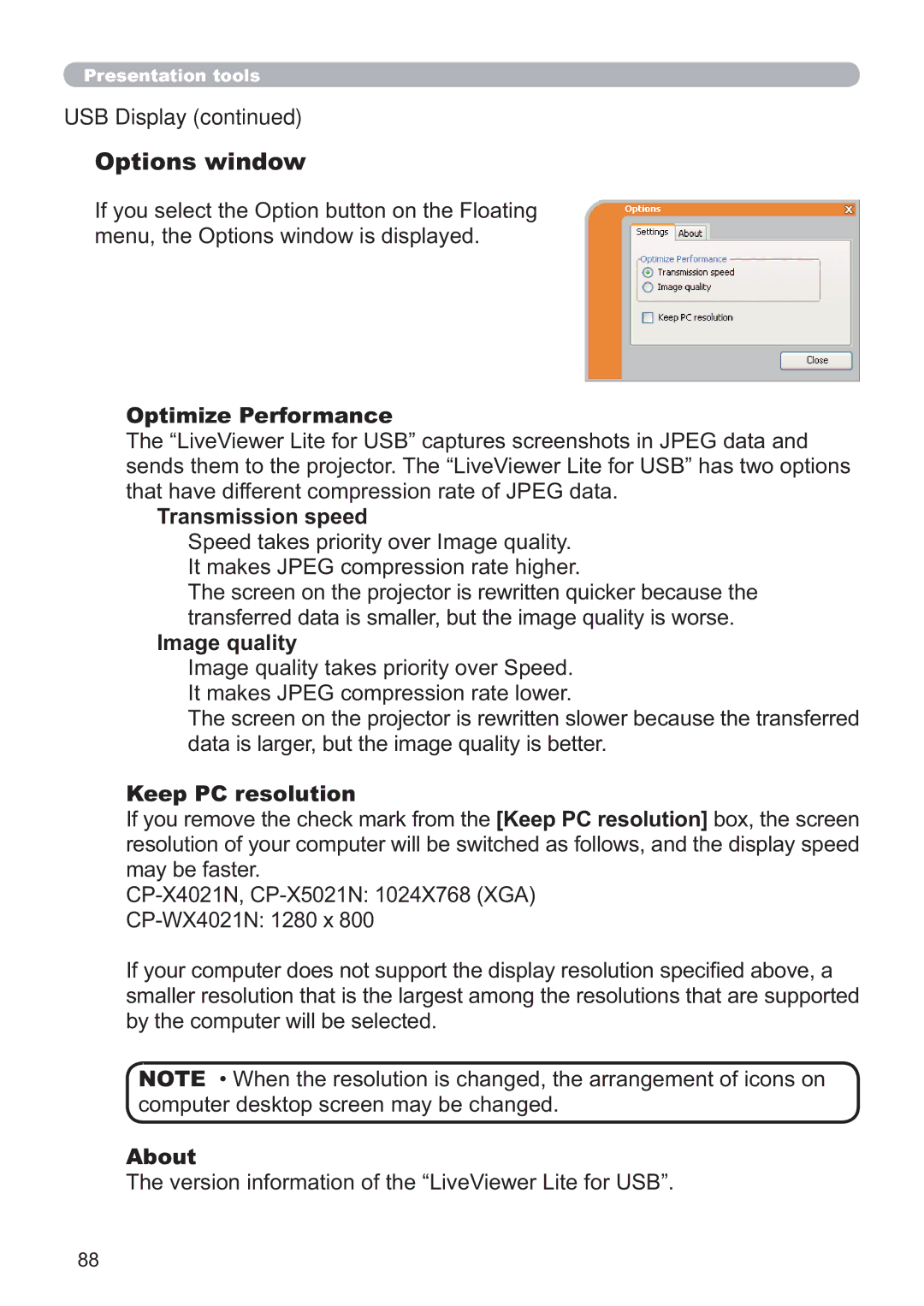 Hitachi CP-WX4021N, CP-X5021N user manual Options window 